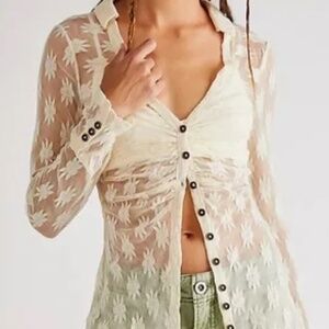 Free People Flower Fields Cream White Shirtee Long Sleeve Sheer Daisy in Small